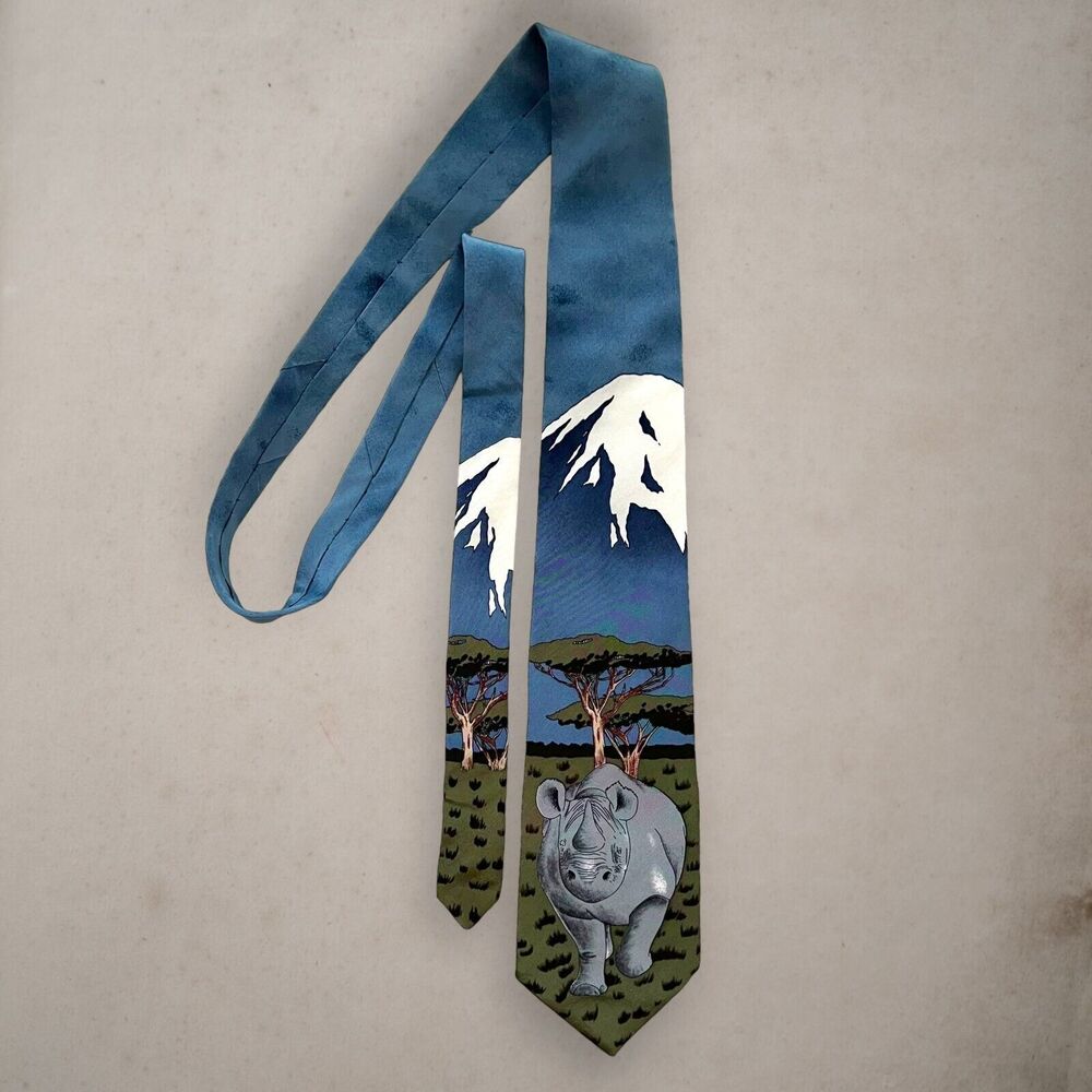 Vintage 90s World Wildlife Fund Tie WWF Rhinoceros Silk Necktie USA 1991